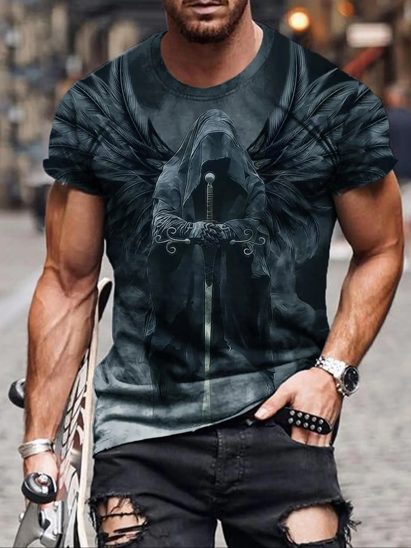 Men's Regular Fit Graphic Round Neck Tee, Short Sleeve Crew Neck T-shirt for Men Summer, Casual Comfort Streetwear Summer Clothes Top for All Seasons