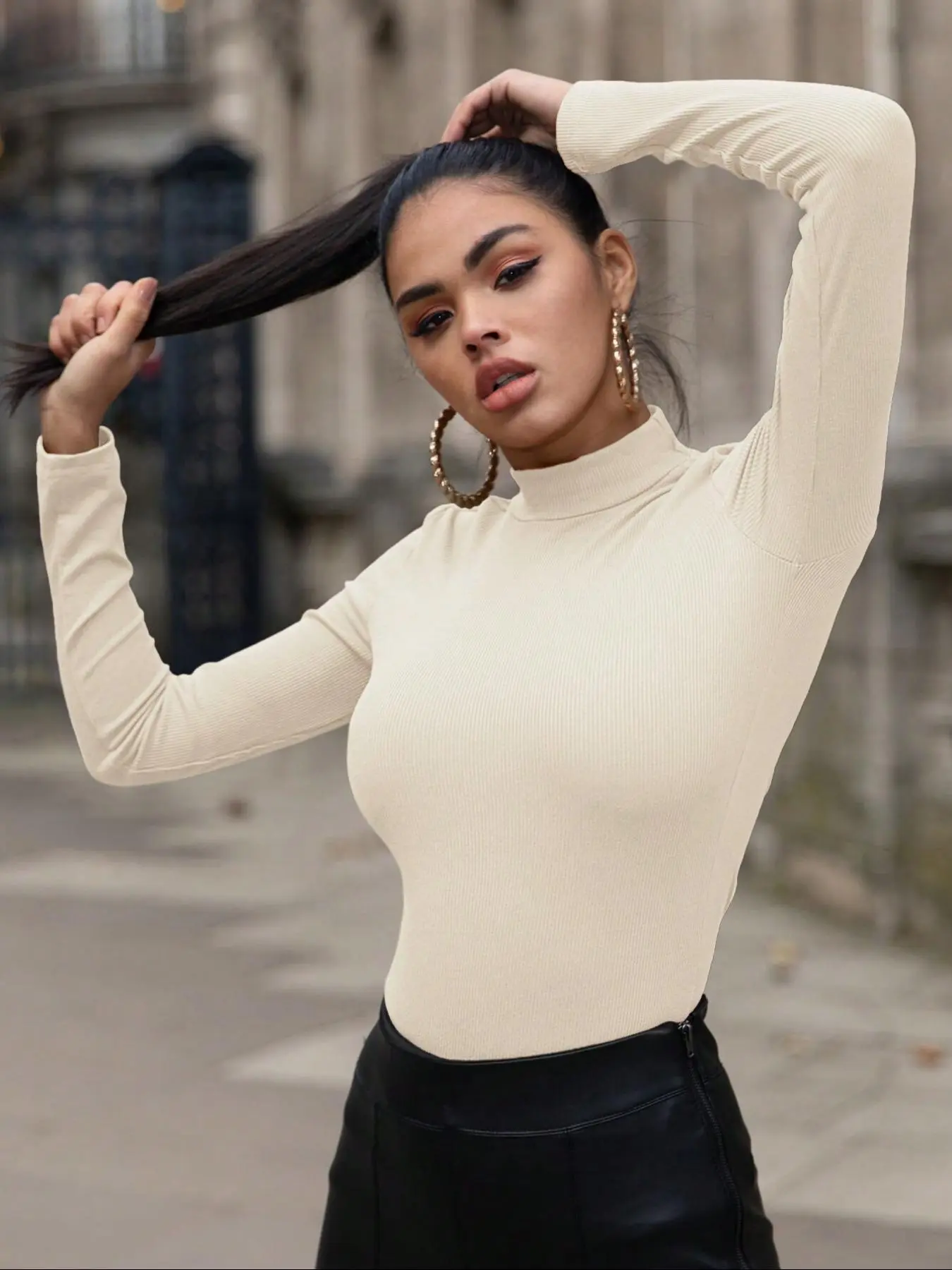Women's Solid Mock Neck Long Sleeve Tee, Casual Basic T-shirt for Spring & Fall, Women's Top for Daily Wear
