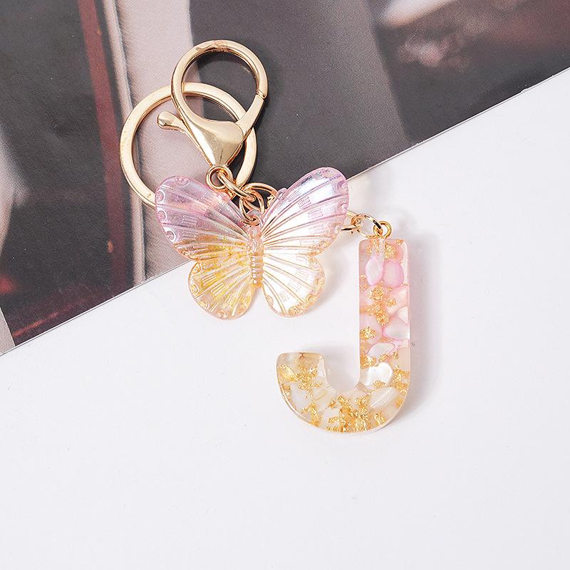 Product Introduction of [QQQ]Pink Dream Butterfly 26 Letters A To Z Resin Keychain 26 Initials White Stone  Leaf Pendant Keyring Backpack Charm Bag Decor 24