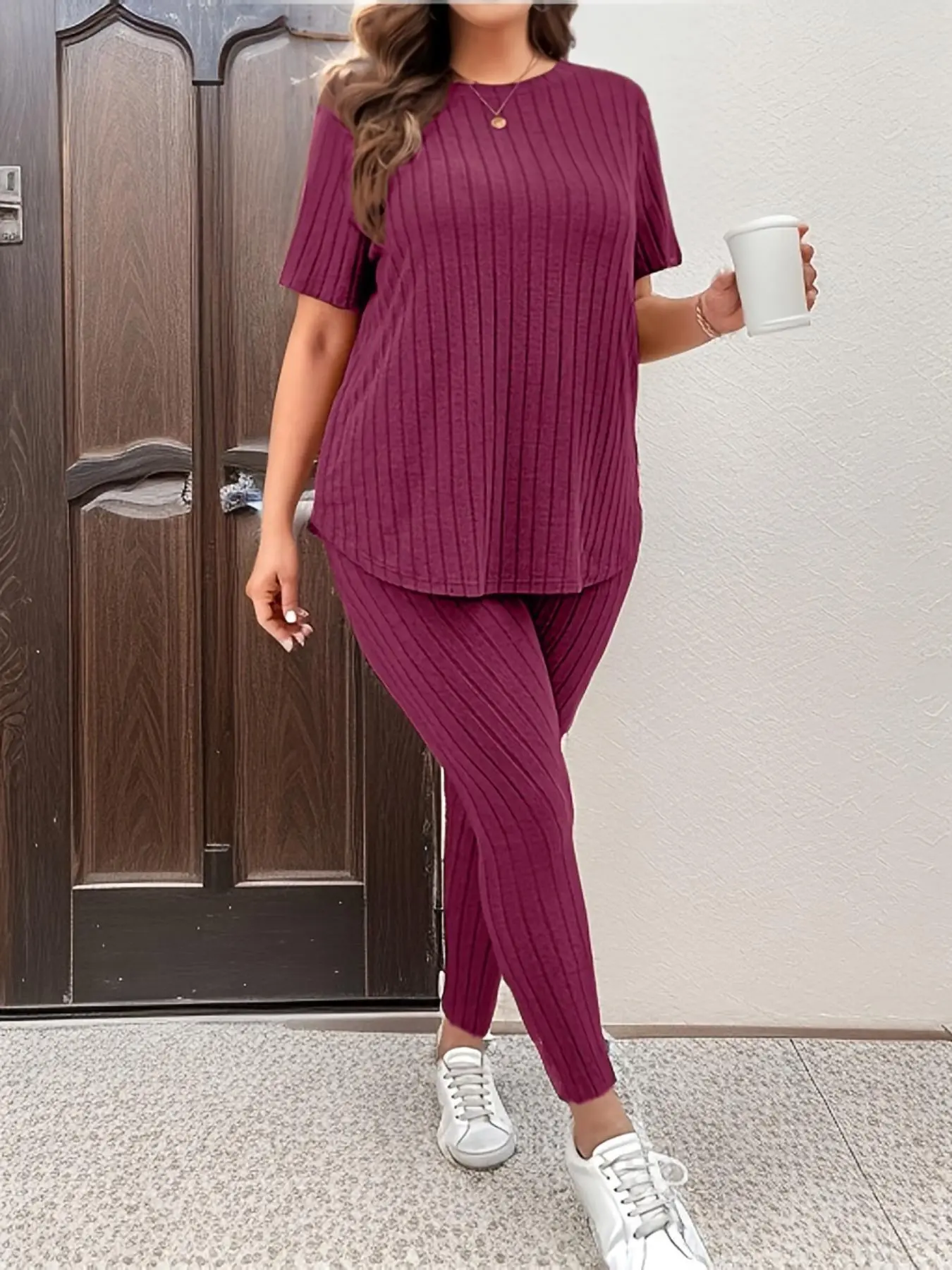 【Plus Size】 Two-Piece Set Solid Ribbed Top & Skinny Pants Loungewear, Casual Comfy Round Neck Long Sleeve Top & Trousers Set, Women's Sleepwear for All Seasons, Pajamas