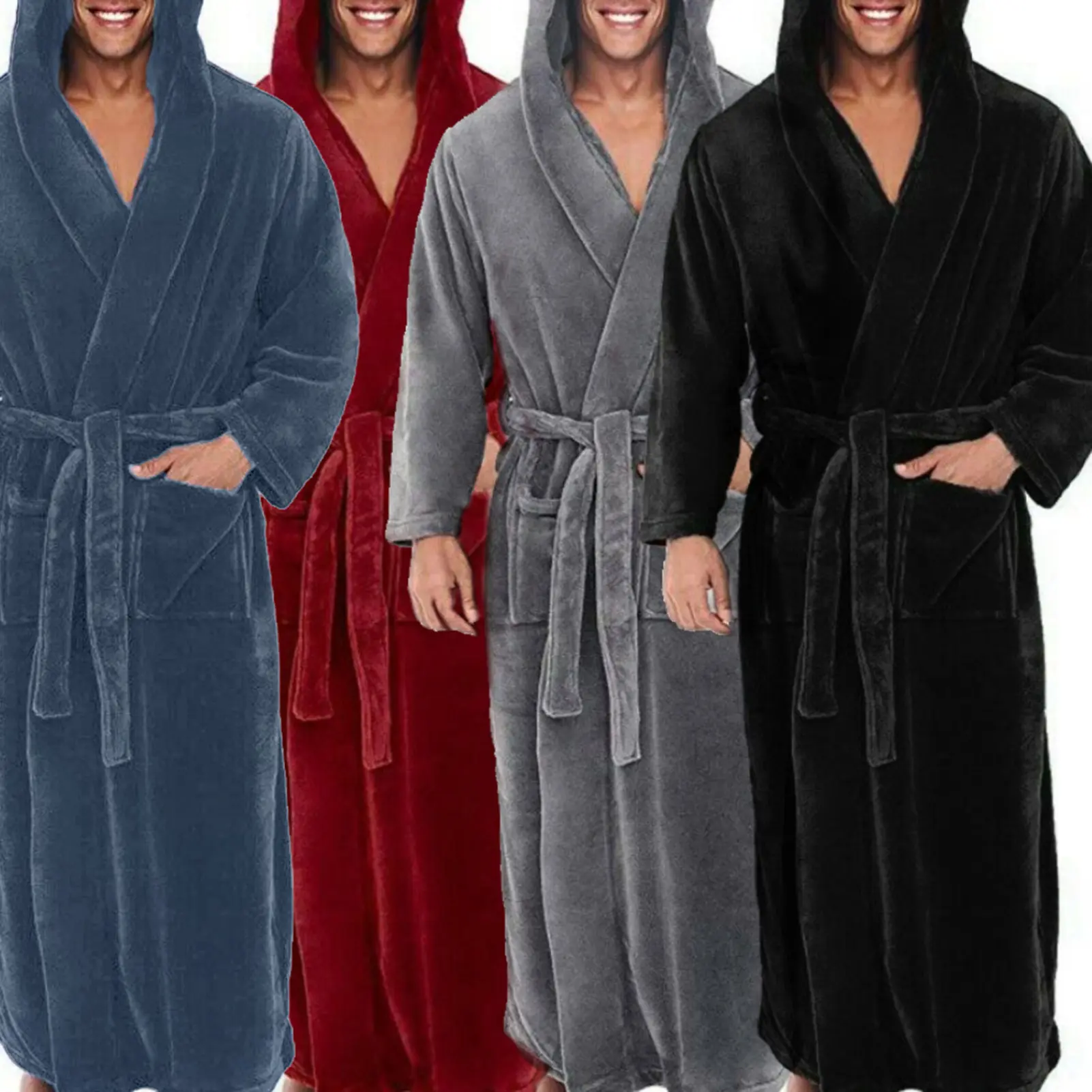 byerhsae Men Soft Coral Fleece Solid Color Pockets Long Bath Robe Home Gown Sleepwear