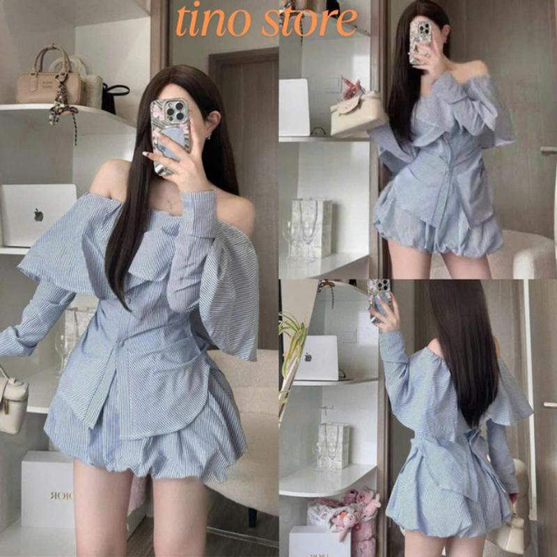 Set Bộ Nữ, Áo Sơ Mi Dài Tay Trễ Vai, Nhún Eo & Chân Váy Bí Phồng Thiết Kế Cực xᶖnh, Nữ Tính