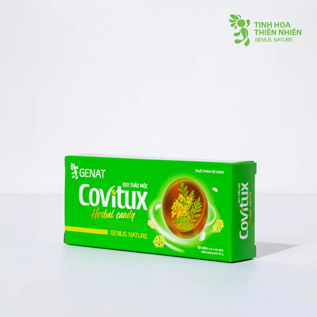 Kẹo thảo mộc Covitux (Hộp 10 viên) hỗ trợ giảm đau họng, đem lại sự dịu mát cơn đau họng