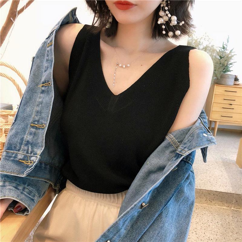 Fashion Ice Silk Camisole Women's Outer Wear Summer Sleeveless Knitwear Korean Style Loose V-neck Short Bottoming Shirt Top Fashion Womenswear Lingerie 3