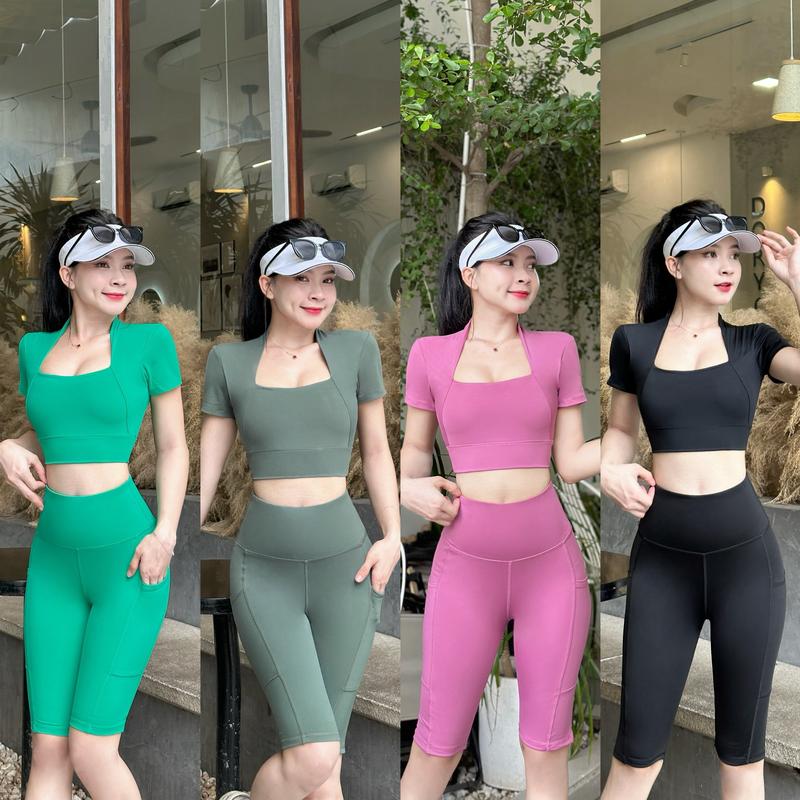 Bộ đồ tập gym yoga aerobic nữ áo cộc tay chéo lưng kèm mút quần ngố cạp cap chất thun lạnh co giãn 4 chiều - NG12