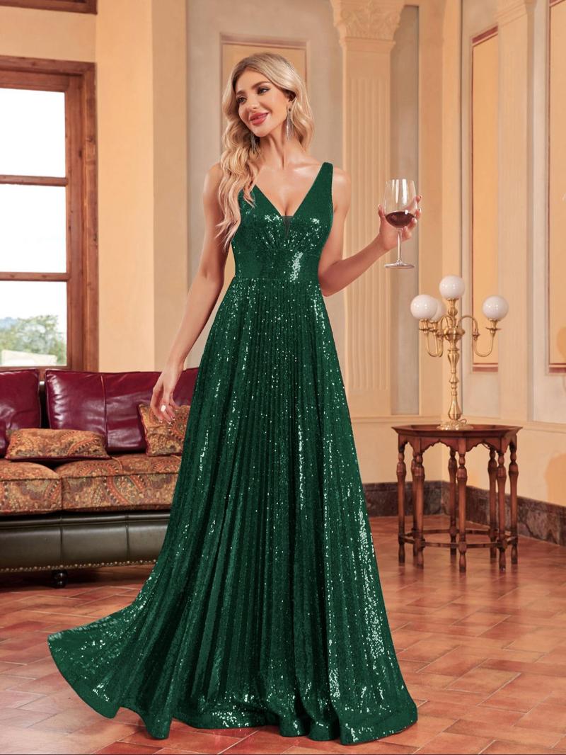 Product Introduction of Women's Contrast Sequin Backless Pleated Evening Dress, Elegant Deep V Neck Sleeveless Maxi Dress for Party Banquet, Ladies' Clothes for Summer 2