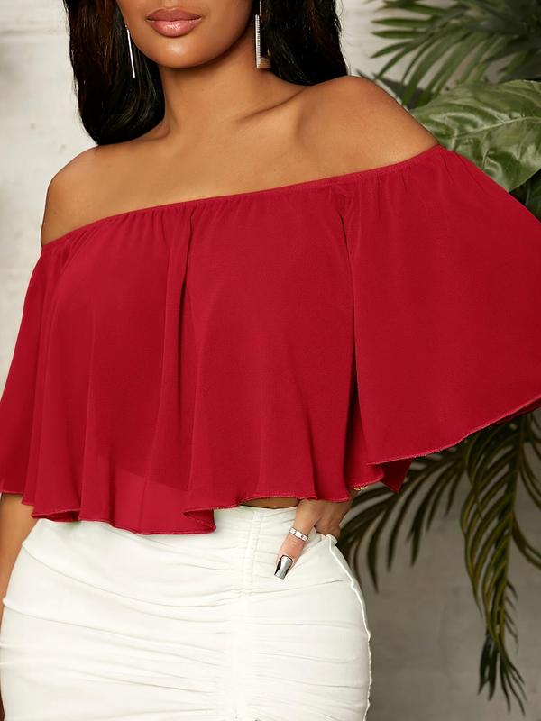 Women's Plain Off Shoulder Ruffle Trim Chiffon Crop Blouse, Elegant Butterfly Sleeve Top for Summer, Ladies Clothes for Daily Vacation Outdoor Wear 6