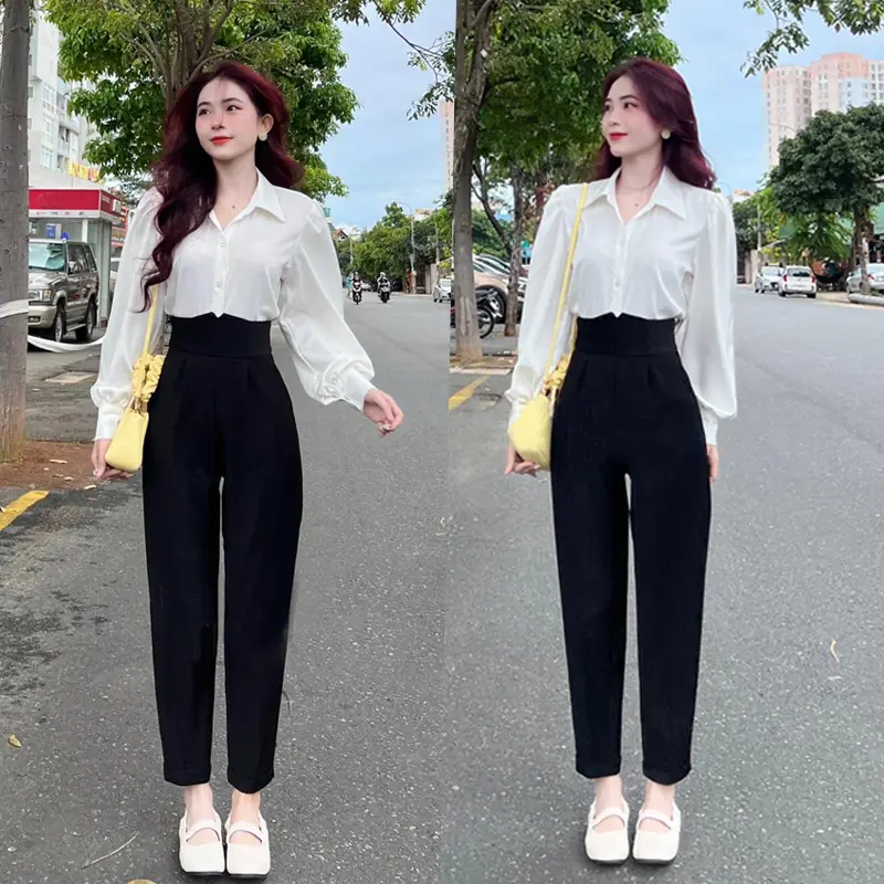 Quần tây nữ lưng cao đi học dáng baggy cạp v màu đen vải tuyết mưa co giãn nhẹ Women Kem Pants