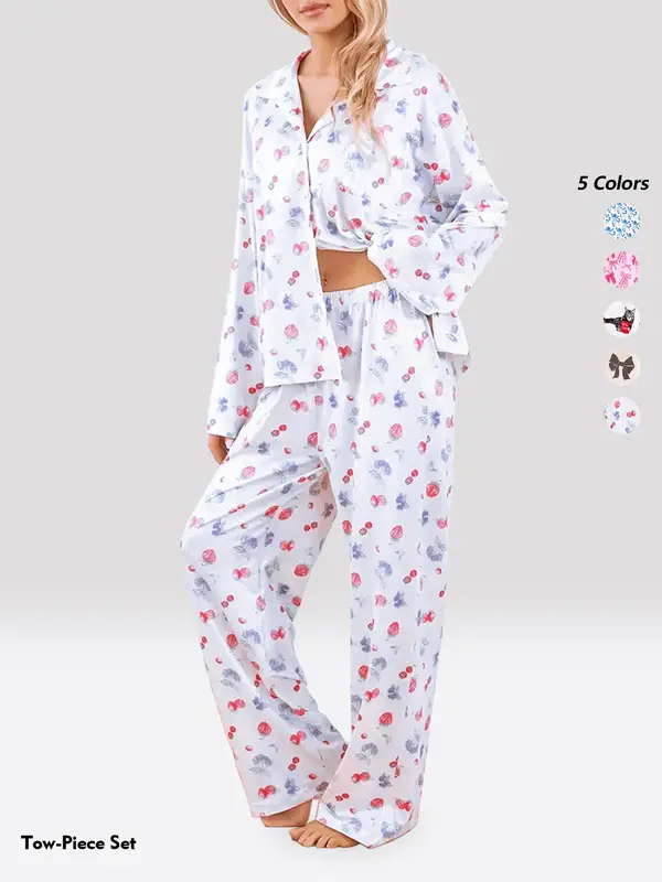 Women's All Over Print Lapel Neck Pajama Two-piece Set, Long Sleeve Button Top & Pants PJ Set, Casual Comfy Pyjama Set for Women, Loungewear 4