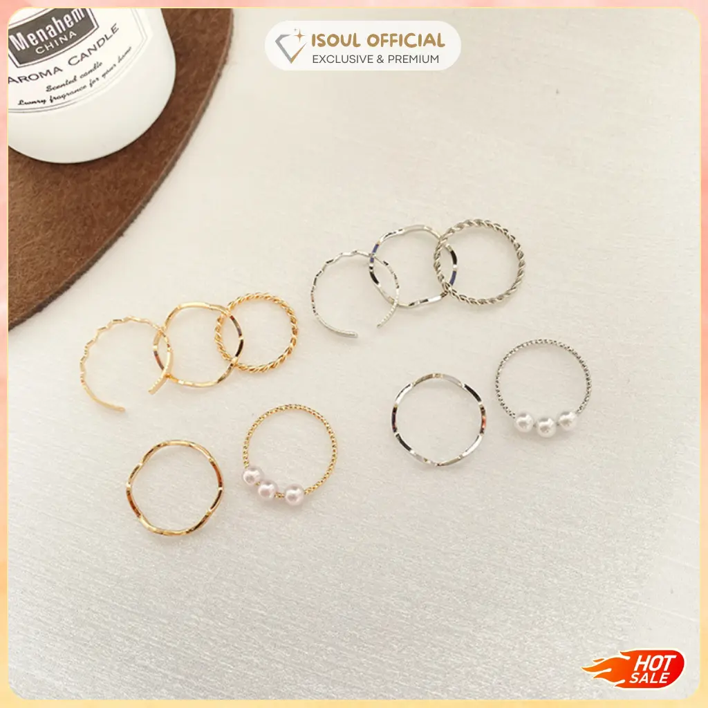COD iSoul Cincin Mutiara Lucu Model Korean Set Perhiasan 5 PCS Wanita Kristal Warna Emas