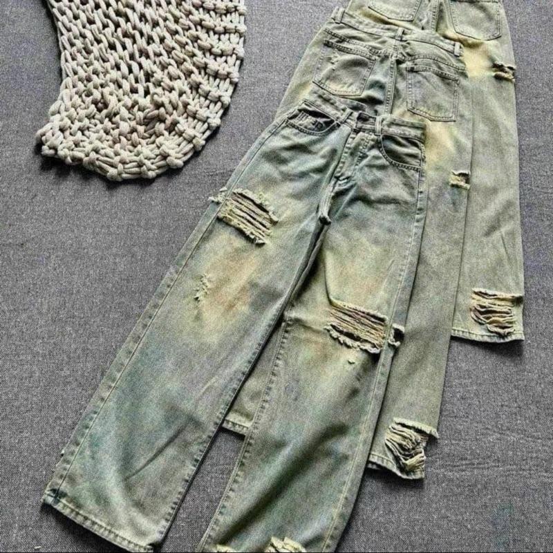 HAP (S-2XL) Quần Jeans suông xanh phủ bụi rách 2 bên có chiều dài 95cm va 103cm mã P053 Nữ Pants Voi