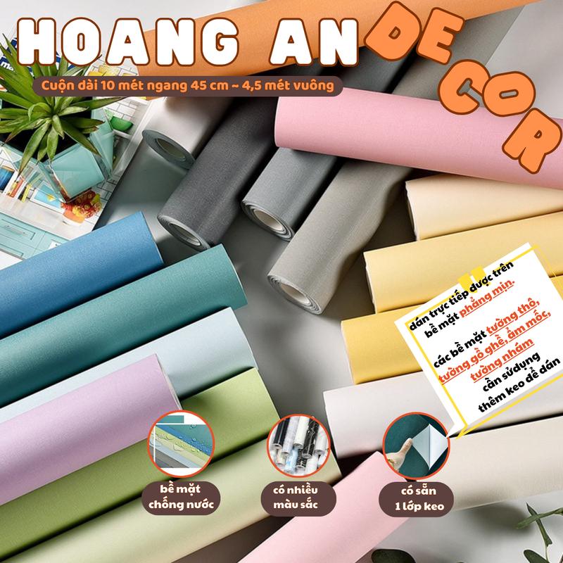 Giấy dán tường vân nhám PVC chống nước khổ 45 cm dài 10 mét mỏng 0.14 mm - đủ màu sắc, có sẵn keo dành cho bề mặt dán láng mịn Decor