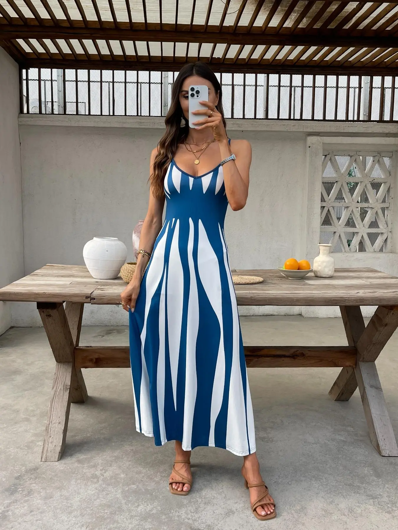 Women's Colorblock Cami Dress, Boho Fashion Casual Long Dress for Beach Holiday Vacation, Ladies Dress for Spring & Fall, Womenswear