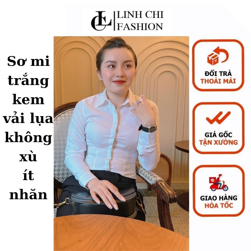 LƯU Ý ÁO FORM NHỎ XEM KĨ BẢNG SIZE Áo sơ mi trắng công sở vải lụa tay dài cao cấp LINH CHI form siêu đẹp và tôn dáng L01