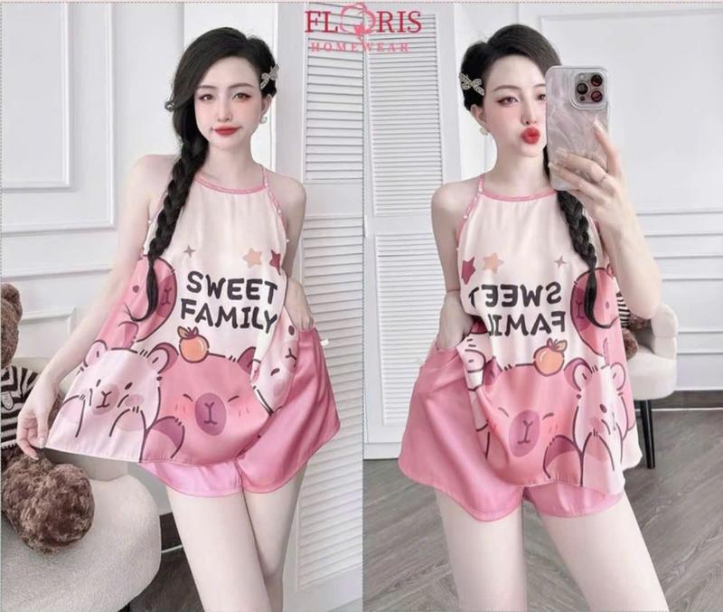 Yếm Phi Lụa in 3D Thời Trang Nhiều họa tiết Siêu Đáng Yêu, Set đồ ngủ mềm mát Freesize 40-60kg Women Voi Áo
