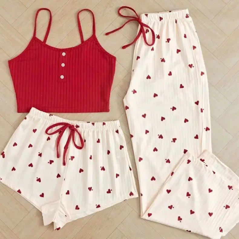 2025 Pajamas Spring and Autumn Niche Sweet Cute Heart Printing Three-Piece Set Advanced Suspender Shorts Trousers Sexy Home Wear Loungewear Nightwear Womenswear Lingerie Homewear Pjs