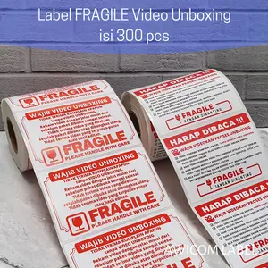 Label Sticker FRAGILE Wajib Video Unboxing Stiker Perhatian Online Shop 80x50 isi 300 pcs Roll