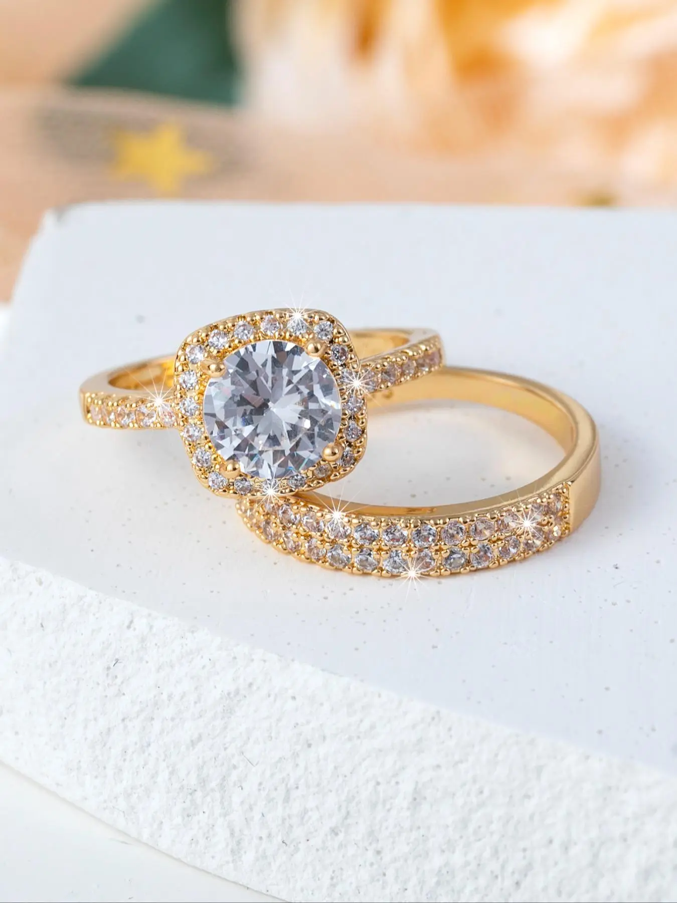 Luxury Geometric Elegant Couple Ring Set for Women Wedding Engagement Party, 2pcs Fashion Jewelry for Party, Daily Clothing Decor, Trendy All-match & Exquisite Jewelry for Birthday Gift, Valentine's Day, Gift