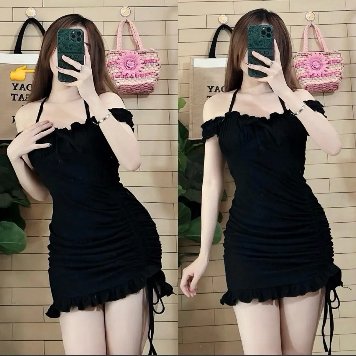 Đầm body đầm yếm rút dây bèo xinh xắn D2 Thun Nữ Dress Women Voi Đen Voan