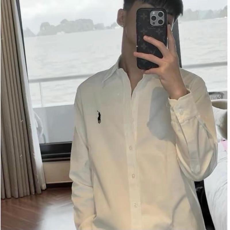 Áo sơ mi nam dài tay vải thô thêu logo ngựa đơn giản