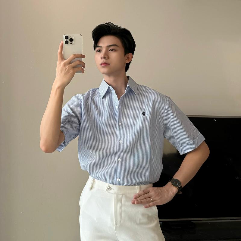 Áo sơ mi unisex kẻ sọc ngắn tay thêu ngựa vải oxford dày dặn SIXHUMAN HM050 Menswear