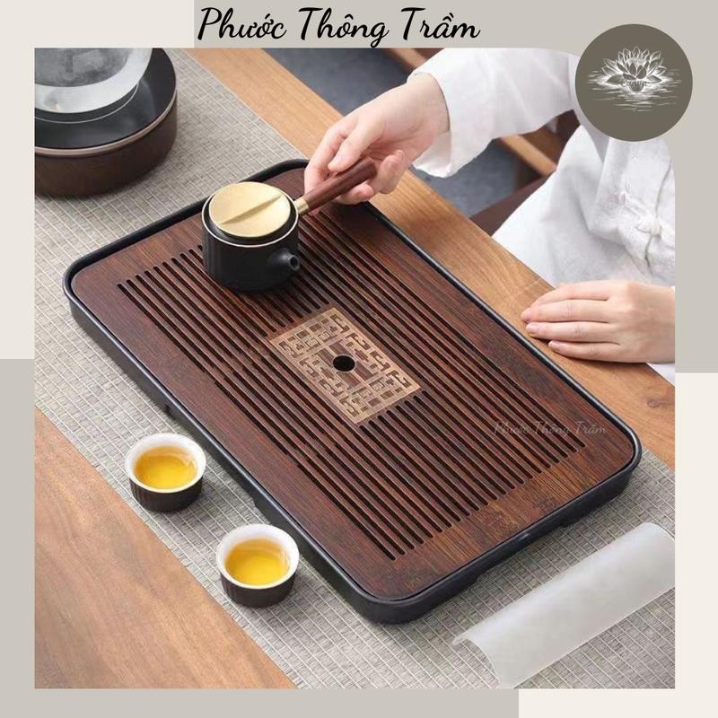Khay đựng ấm chén trà bằng tre - trà đạo bằng tre  hun khói có khay đựng nước FOFO - Phước Thông Trầm bộ bàn trà đạo bộ  bàn