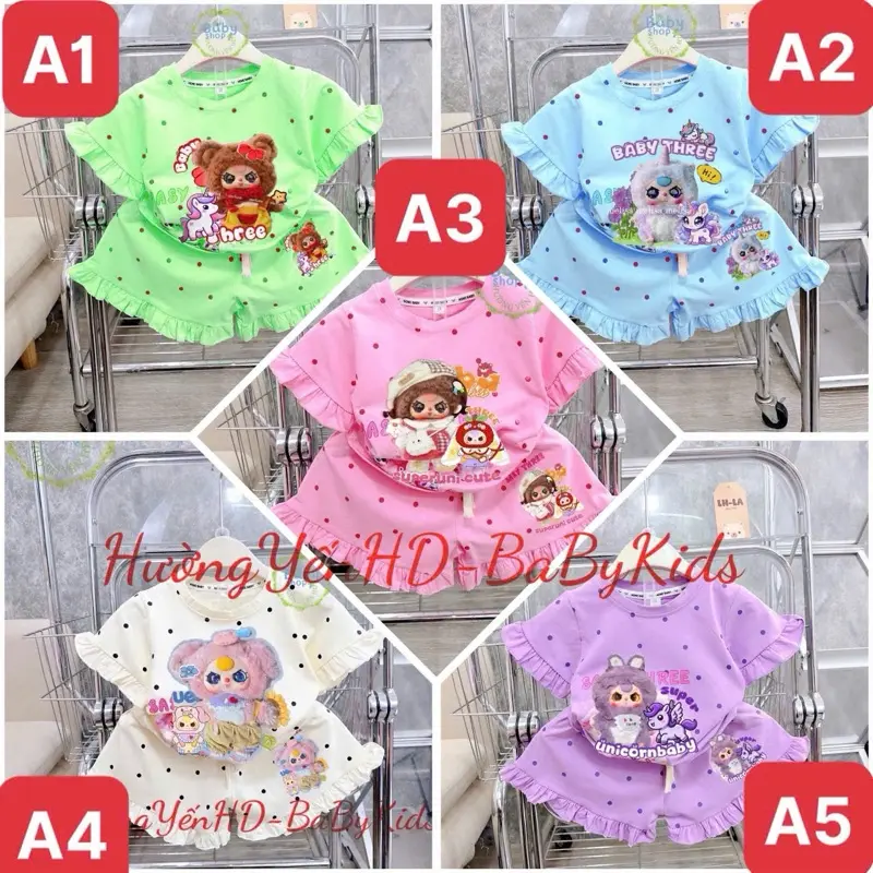 Combo Bộ Bé Gái hình in BABYTHREE Phối Bèo Xinh vải cotton Xu size 6-55kg
