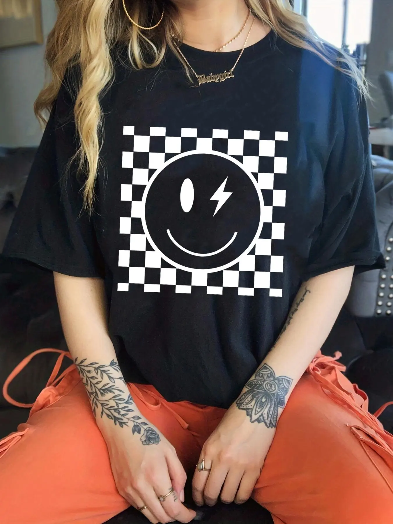 Women's Cartoon Face & Plaid Print Drop Shoulder Tee, Fashion Casual Round Neck Half Sleeve T-Shirt for Daily Wear, Ladies Clothes for All Seasons