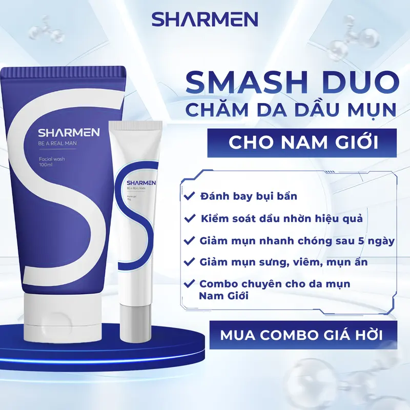 COMBO SMASH DUO Chăm Da Dầu Mụn Nam Giới - 1 sữa rửa mặt 1 Gel Bôi mụn SHARMEN cho Nam Giới - Sạch sâu, giảm mụn, kiềm dầu dưỡng sáng mờ thâm 0