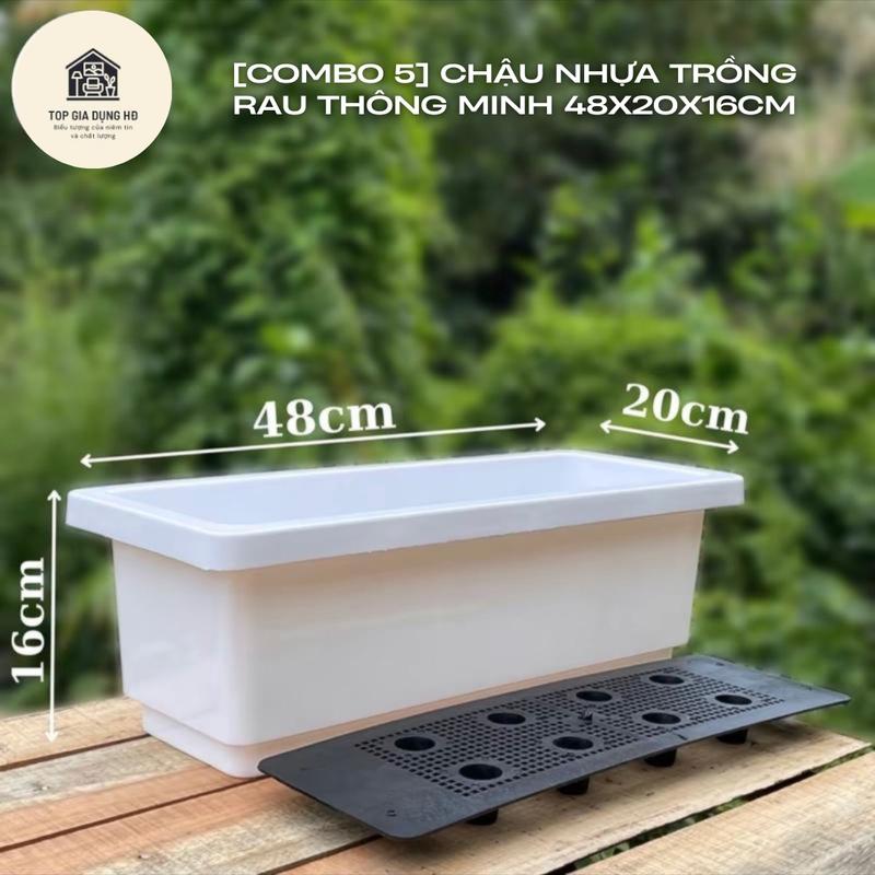 COMBO 5 Chậu Nhựa Hình Chữ Nhật Trồng Rau Sạch - Trồng Hoa - Trồng Cây Cảnh Tại Nhà Thiết Kế Thông Minh Kích Thước 48x20x16cm