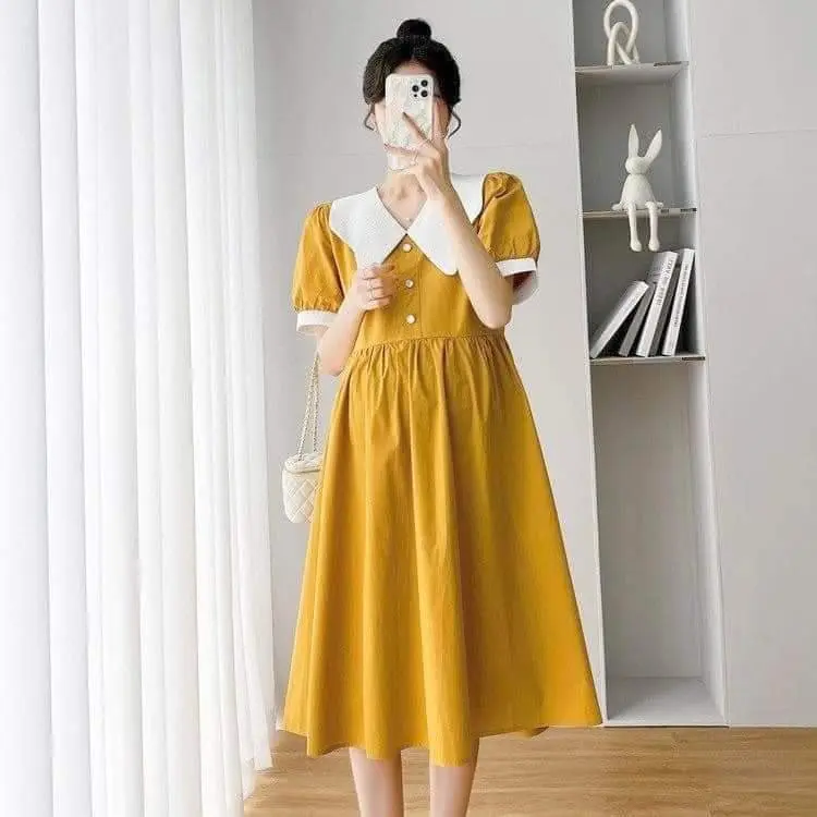 (45-100kg) váy bầu, đầm bầu Bigsize màu vàng phối cổ và tay siêu xinh