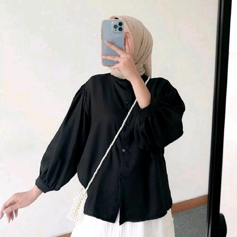 Blouse Kemeja Elze Atasan Wanita Shakila Twill Polos Lengan Balon Full Kancing Baju Panjang Oversize 7
