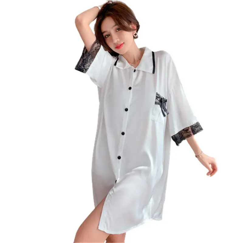 Váy Ngủ Mùa Hè, Áo Sơ Mi Trắng ngắn Tay Lụa Lạnh Cho Nữ, Đồ Mặc Nhà Mỏng Ngọt Ngào Đồ Ngủ Nữ Gợi Cảm, Hàng Mới Về 2024 Dress 8