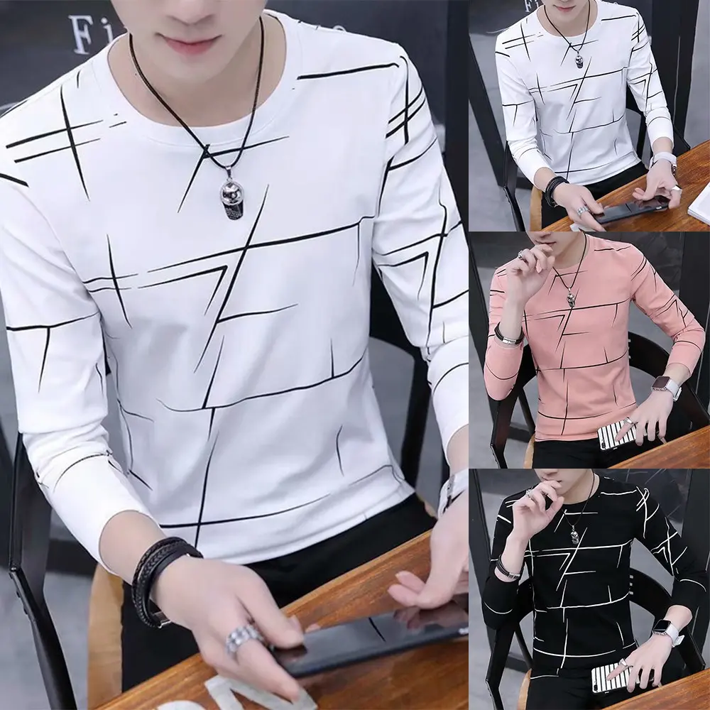 Mens Crew Neck Print T-shirt Blouse Pullover Long Sleeve Slim Fit Muscle Top