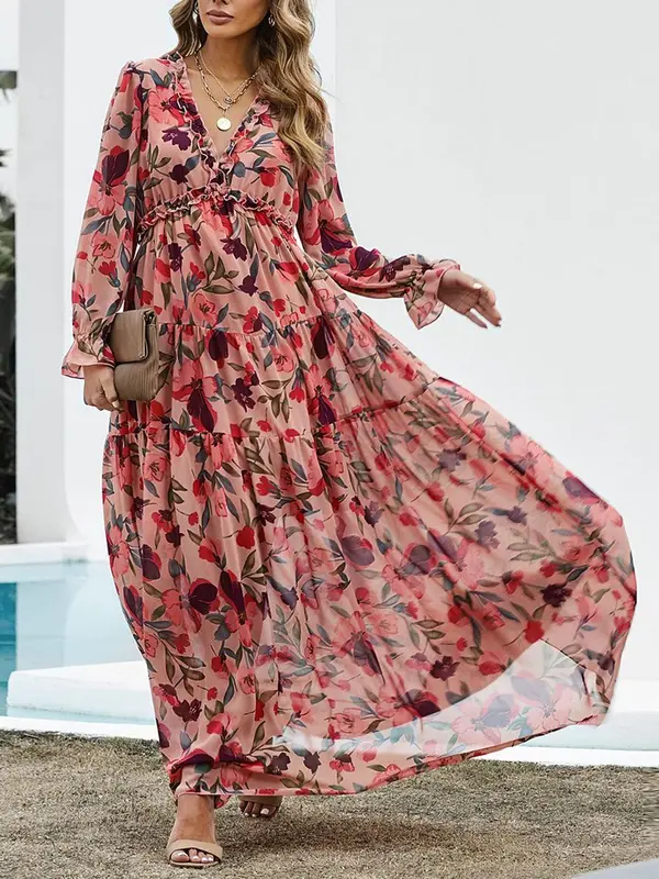 【Plus Size】 Floral Print V Neck Dress, Casual Fashion Long Sleeve Dress for Daily Outdoor Wear, Women Clothing for Spring Fall, Spring Dresses 3