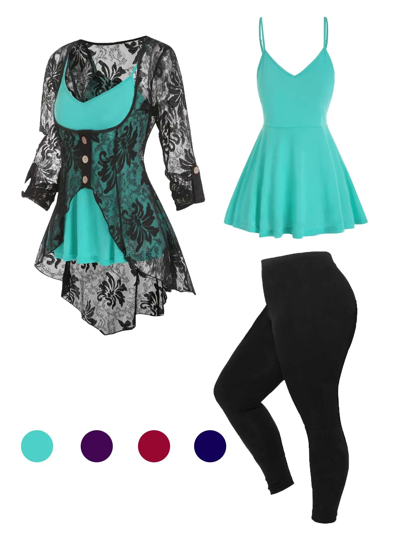 Plus Size Three-piece Set Backless Peplum Cami Top & Fake Buttons Sheer High Low Contrast Lace Blouse & Skinny Pants, Year-round Three Piece Outfits, Summer Clothes, Co Ord Set, Plus Clothing