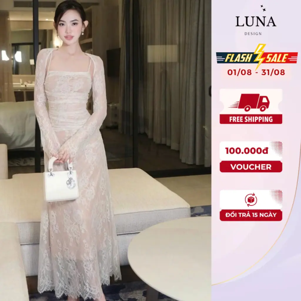 Set Đồ Hot Girl Thiết Kế Luna Design Váy Ren Hai Dây Cúp Ngực Dáng Dài Lót 2 Lớp Kèm Áo Khoác Ngoài Đi Tiệc Sang Chảnh