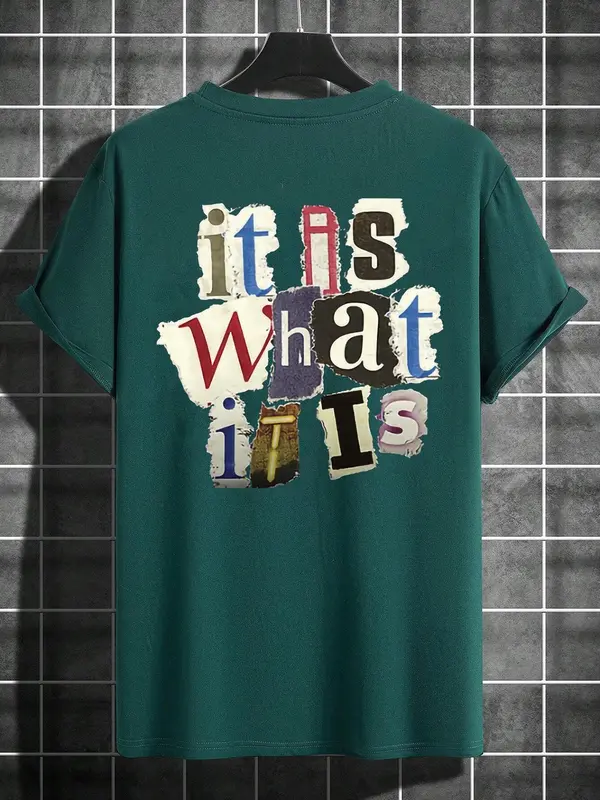 Men's Letter Print Round Neck Tee, Regular Fit Casual Drop Shoulder Short Sleeve T-shirt for Summer,  Graphic Tees, Men's Summer Clothes for Daily Wear 4