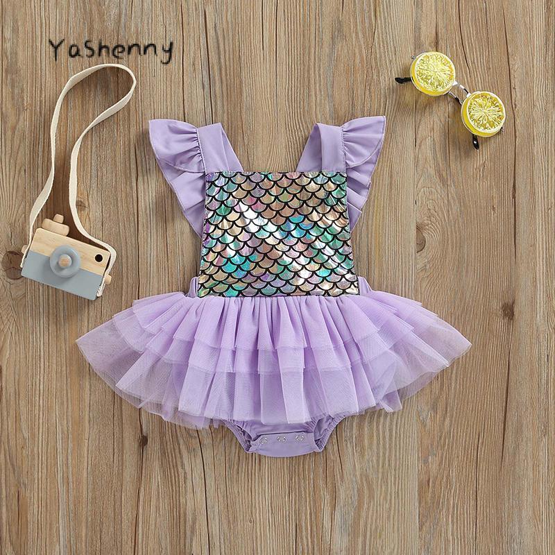 Product Introduction of Infant Baby Girls Romper Dress Fly Sleeve Mermaid Scale Print Tulle Splicing Tutu Bodysuit Summer One-Piece Clothes 36
