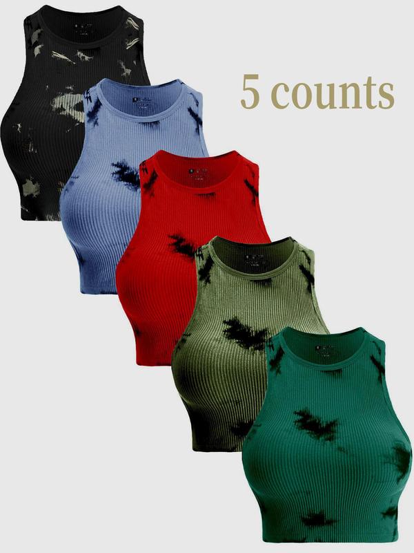 Women's 5pcs Tie Dye Print Round Neck Sports Vest, Casual Sporty Sleeveless Ribbed Tank Top for Tennis Pickleball Yoga Gym Workout Running, Ladies Sportswear Fitness  for All Seasons, Gym Wear, Tank Tops 6