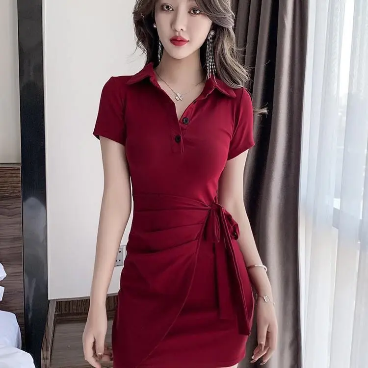 Irregular Temperament Polo Skirt Women's Design Sense Niche Lace-up Tight Waist Sexy Sheath Dress Summer