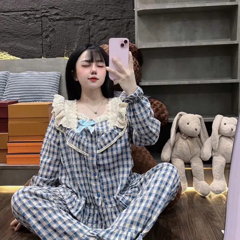 Đồ bộ Pijama kẽ sọc chất liệu đũi nhiều màu xinh xắn 40 đến 60kg Women Nữ Voi Tim Quần Ngủ setdomac  nhaxinh