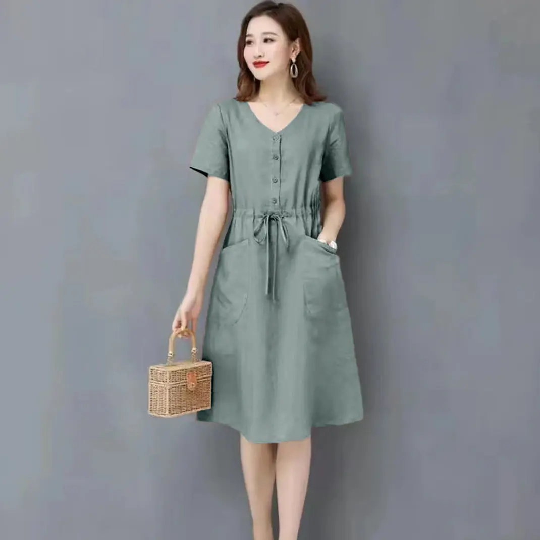 Cotton Linen A-Line Dress 2024 Summer V-Neck Elegant Fashionable Chic Waist-Cinching Slimming Linen Cotton Linen A-Line Dress 2024 Summer V-Neck Elegant Fashionable Chic Waist-Cinching Slimming Linen