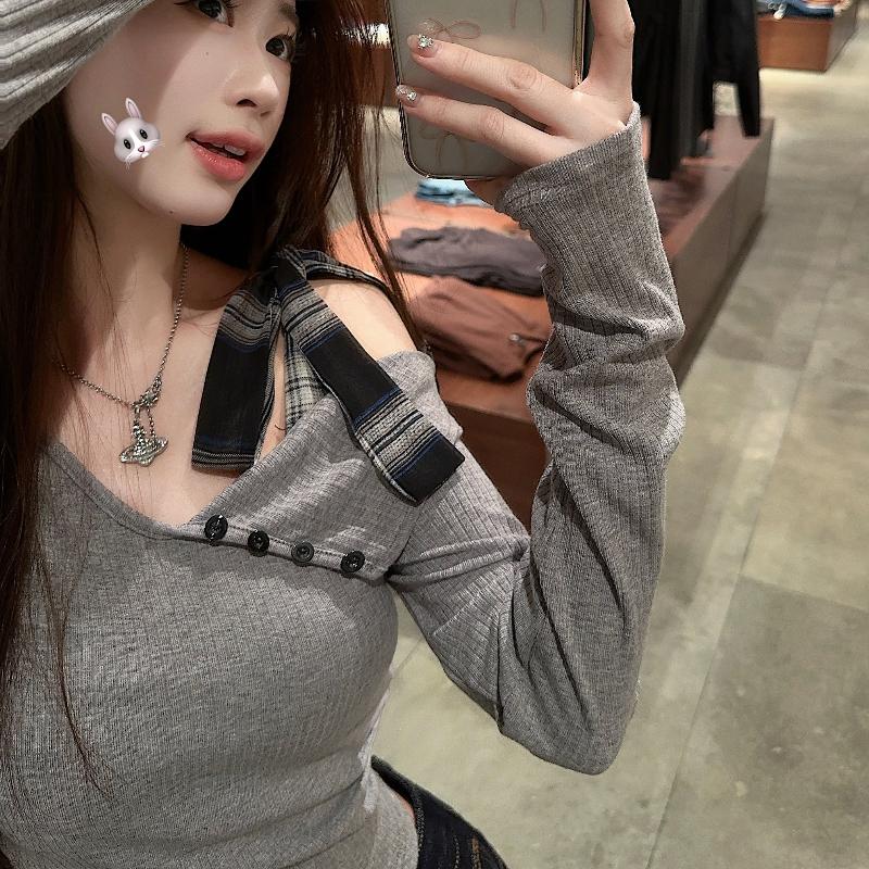 Áo Trễ Vai, Dành Cho Nữ, Dài Tay, Thiết Kế Nơ Mùa Thu, Bất Đối Xứng