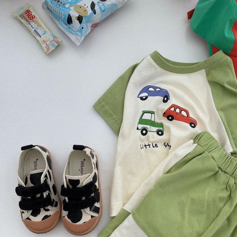 Bộ Đồ Cotton Mùa Hè Cho Trẻ Em, Bộ Sưu Tập Mới 2024, In Hình Hoạt Hình, Ngắn Tay, Cho Bé Trai Và Bé Gái, Quần Đùi Màu Tương Phản, Bộ Hai Mảnh 5