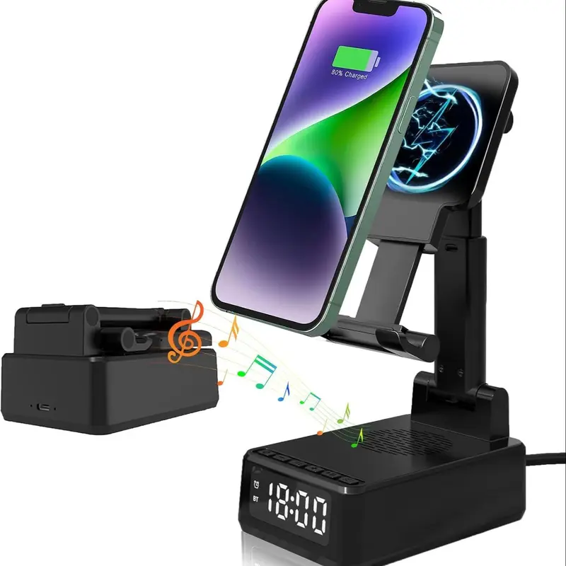 4 in 1 Phone Holder Support Wireless Charging, Multifunctional Wireless Charger with Alarm Clock, Adjustable Phone Stand for Home Office 0