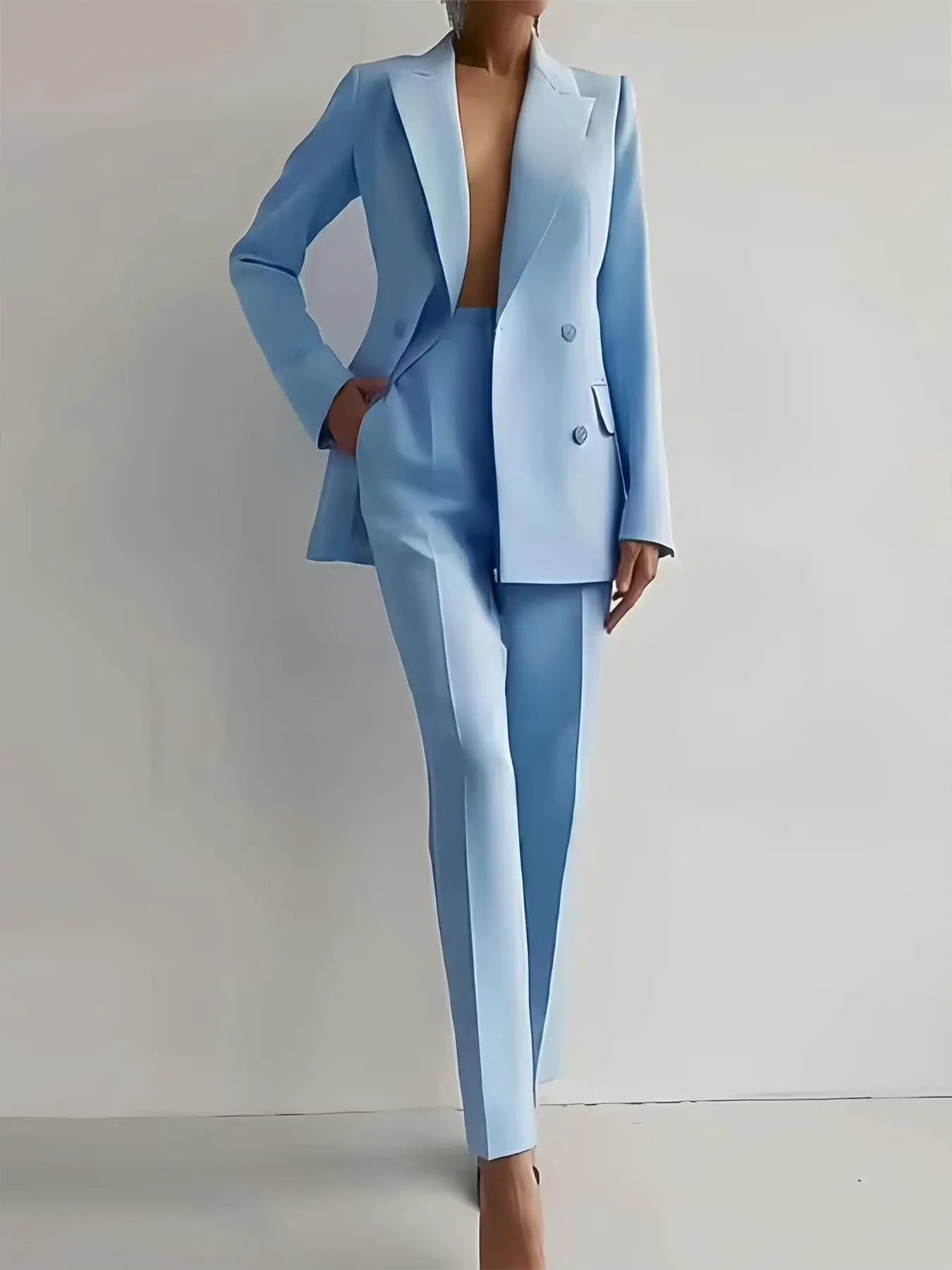 Women's Solid Color Blazer & Straight Leg Pants Two-piece Set, Elegant Fashion Casual Two Piece Outfits for Work Office Business, Ladies Fall & Winter Clothes