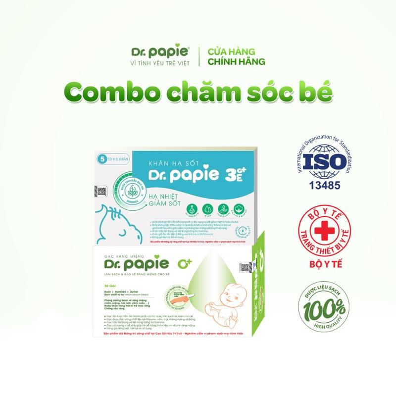  Combo 1 hộp Khăn hạ sốt Dr.Papie 3mo+ và 1 hộp Gạc rơ lưỡi Dr.Papie 0+ dành cho bé từ 3 tháng tuổi 