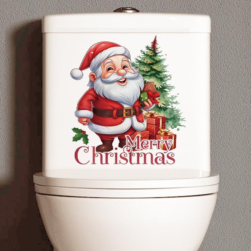 Christmas Cartoon Santa Claus Pattern Toilet Sticker, 1 Count Self-adhesive Toilet Lid Decal, Bathroom Decorative Wall Sticker, Toilet Accessories, Bathroom Accessories 4