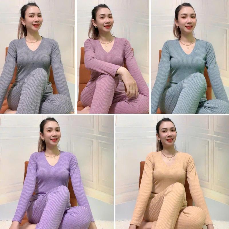 T147 Set đồ bộ Thun Đũa Tiêu HQ - Mẫu Áo tay dài cổ tim, quần baggy Nữ Women Kem Top Nhung Voi Xám